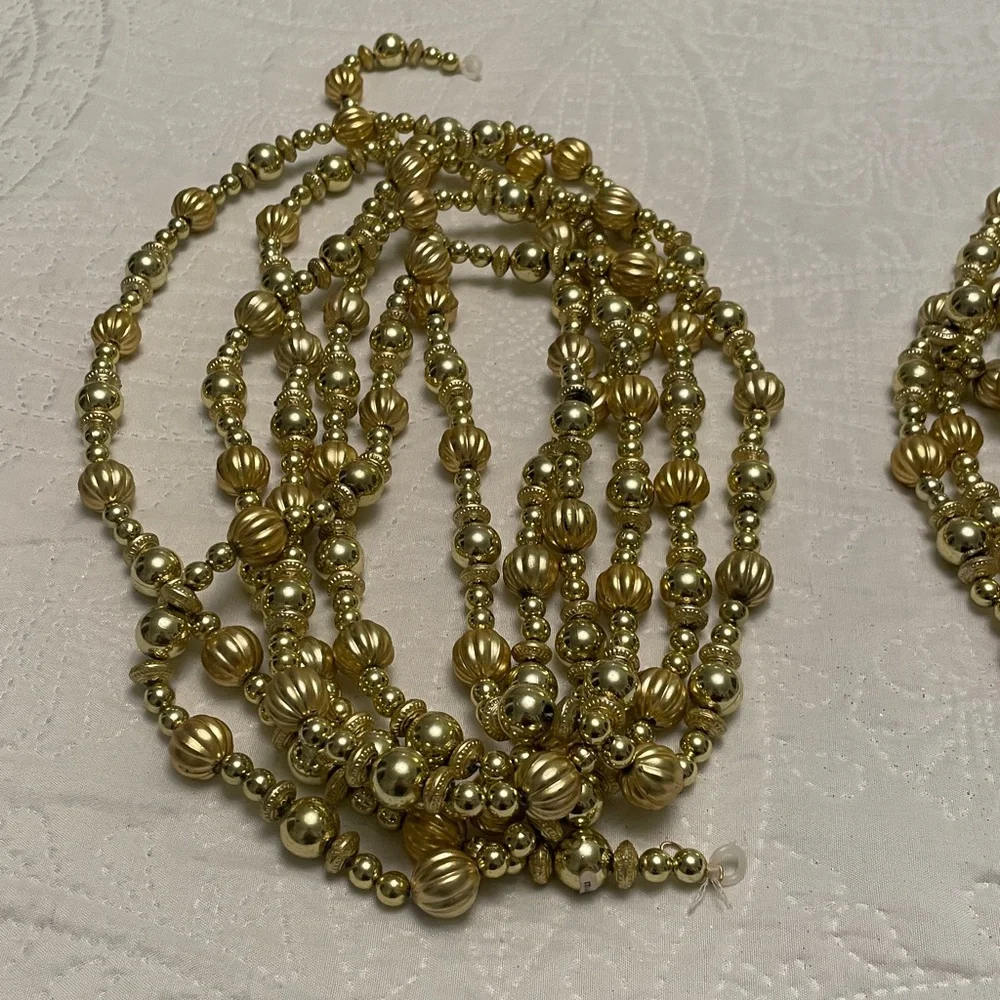 Set of 2 Strands Gold Tone Beaded Christmas Garland with Different Shapes & Size